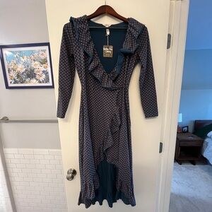 Matilda Jane Blue Teal Polka Dot Ruffle Midi Wrap Dress Boho NWT Sz Xs